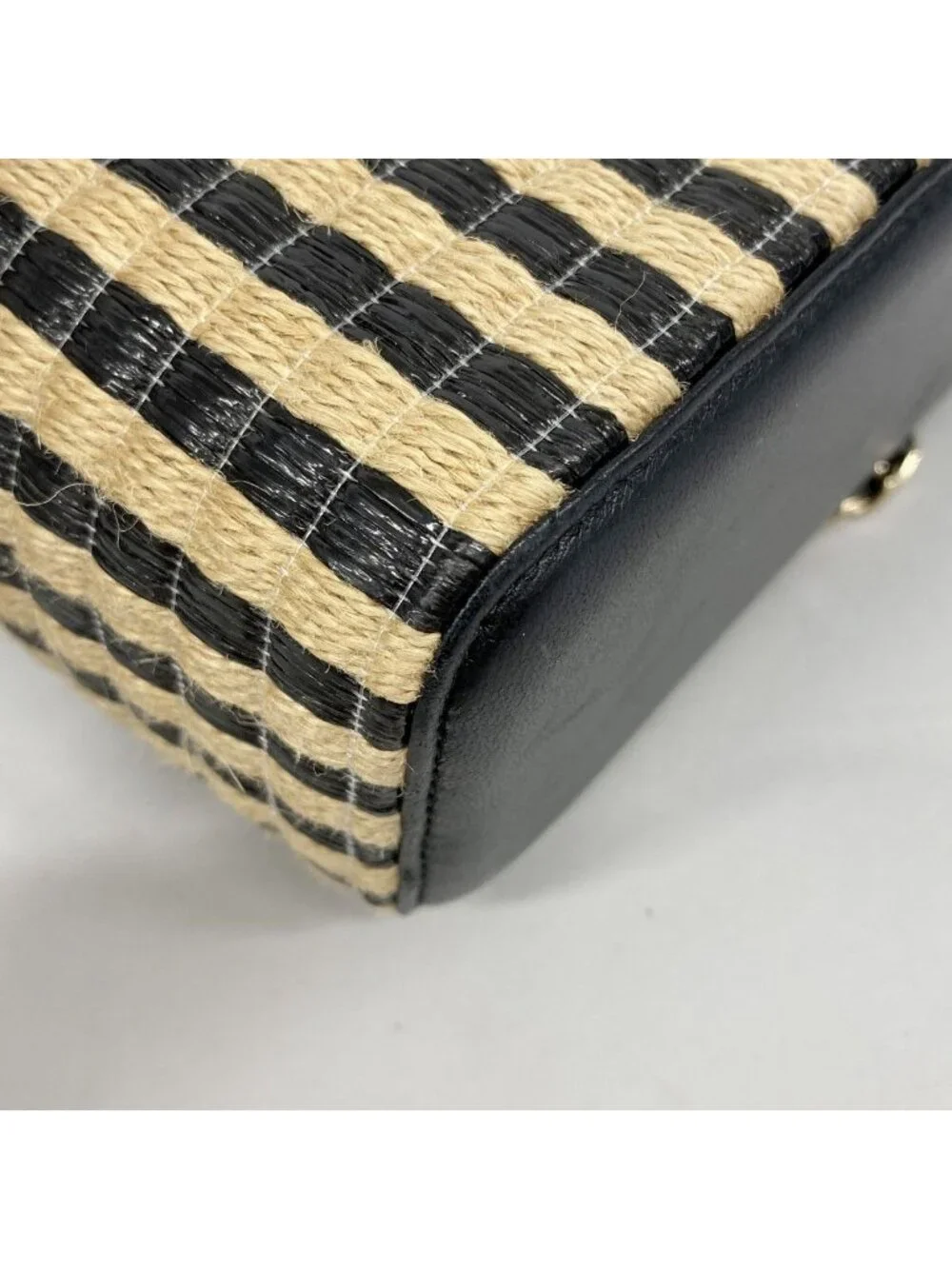 Chanel Shoulder Bag Raffia Beige Black Champagne Gold